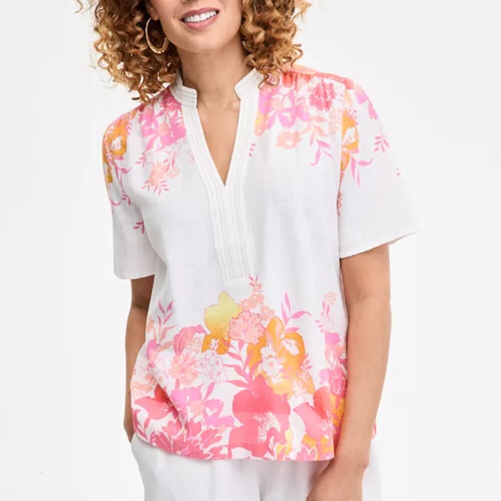 JM Collection Women's Printed Linen Blend tunic top. Size L
